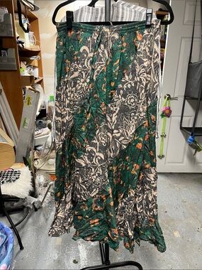Free People Green, Cream & Orange Floral Maxi Skirt